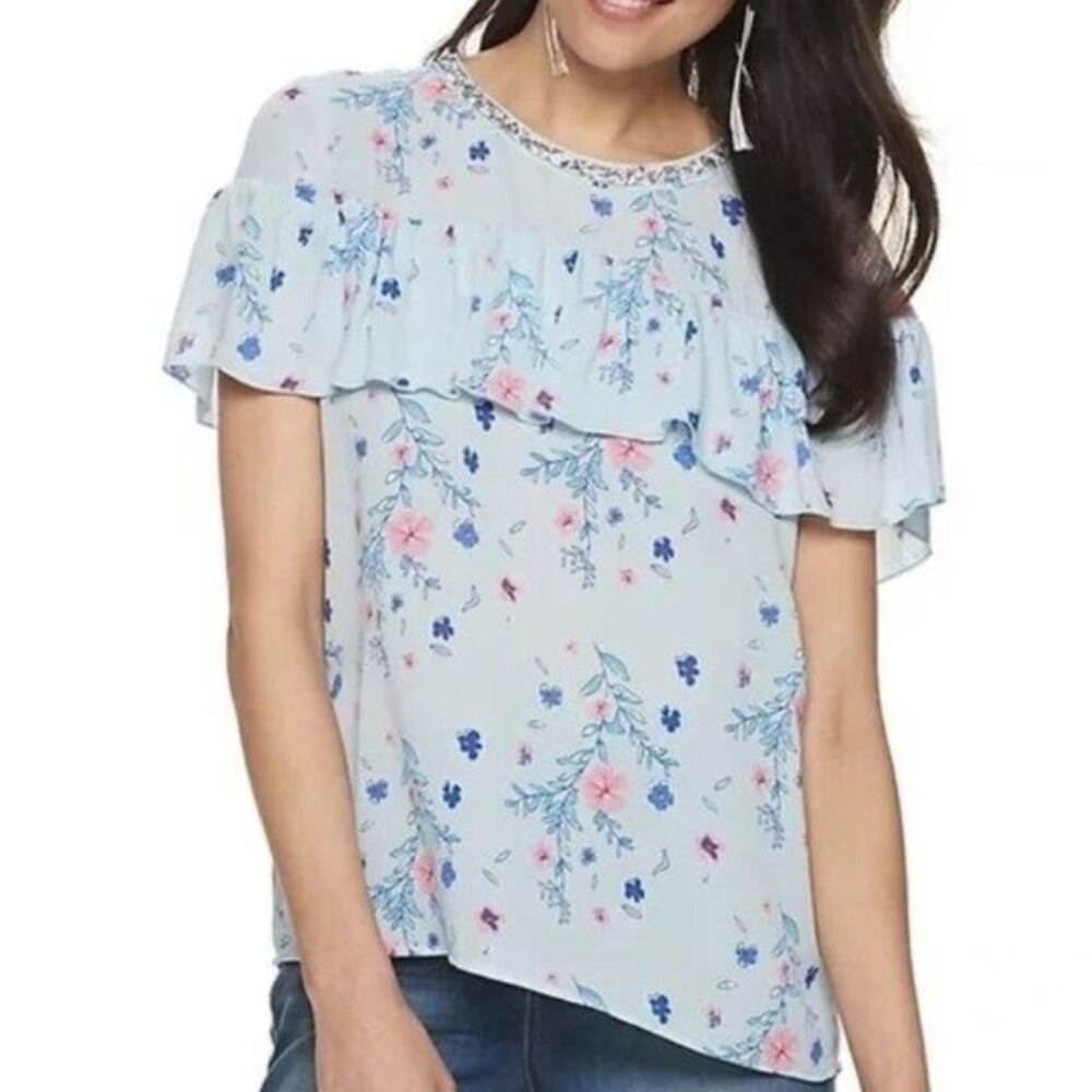Juicy Couture Blue Floral Ruffle Rhinestone Jewel Neck Blouse Size M Vintage‎